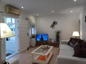 a living room with a couch and a tv at Villa de Lagos Coloridos in Los Montesinos