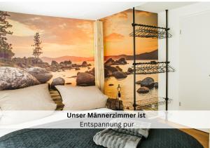 a bedroom with a wall mural of a river at Ferienhausträume Oase Bodensee in Kreuzlingen
