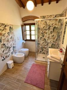 a bathroom with a shower and a toilet and a sink at Villa Il Signorino in Lucolena in Chianti