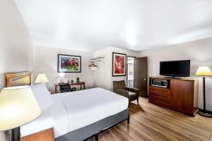 a hotel room with a bed and a flat screen tv at Americas Best Value Inn Marquette in Marquette
