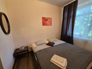 um quarto com uma cama grande e uma janela em 6 Studio apartment - Orange em Klaipėda