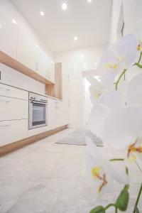 cocina con paredes blancas y electrodomésticos blancos en Comfortable Accommodations in the Alterlaa Area LV3 en Viena