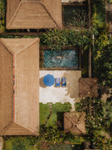- une vue sur le jardin avec 2 chaises et un parasol dans l'établissement Jimbaran Puri, A Belmond Hotel, Bali, à Jimbaran