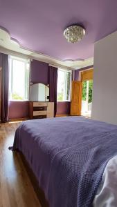 a bedroom with a large bed with a blue blanket at Mira House in Martvili