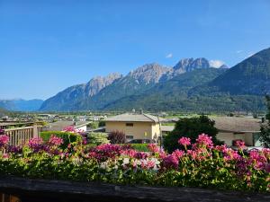 a view from the roof of a house with flowers at Ferienwohnung Schlemmer Romed Dolomitenblick in Nußdorf