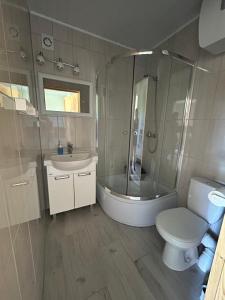 een badkamer met een douche, een toilet en een wastafel bij Domki Milka in Ustka
