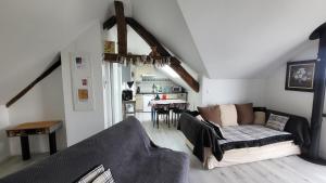 ein Wohnzimmer mit einem Sofa und einem Tisch in der Unterkunft Au Gré de L'Ill "Les toits d'Horbourg" in Horbourg