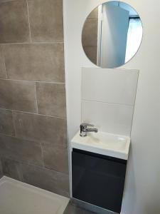 La salle de bains est pourvue d'un lavabo et d'un miroir. dans l'établissement G-Logement-Francilien Goussainville CDG, à Goussainville