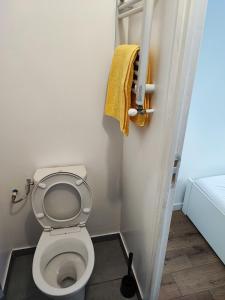 La salle de bains est pourvue de toilettes et d'une serviette jaune. dans l'établissement G-Logement-Francilien Goussainville CDG, à Goussainville