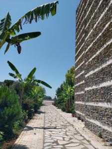 a stone path next to a brick wall with palm trees at Different Hotel & Restaurant in Divjakë