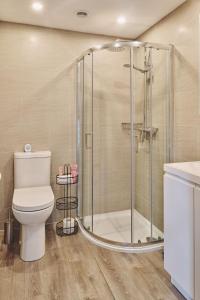 a bathroom with a shower and a toilet at Sandy Hill Farm in Curborough +62 photos