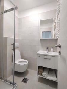 een badkamer met een toilet, een wastafel en een douche bij Apartments SeaView in Portorož