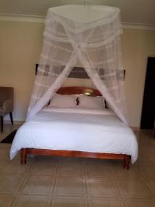 a bedroom with a bed with a mosquito net at Fresh World Hotel in Lira
