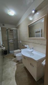 a bathroom with a sink and a toilet and a mirror at Casa Rinuccia in Ischia