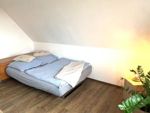 ein Schlafzimmer mit einem Bett in der Ecke eines Zimmers in der Unterkunft Casa Marcu Wohnung 1 OG in Landkirchen