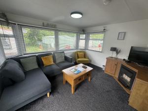 ein Wohnzimmer mit einem Sofa, einem TV und einem Tisch in der Unterkunft Riverview Caravan in Briery Yards