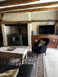 sala de estar con chimenea y silla en Le Vallonnet Gîte classé 5 étoiles en Le Vigan