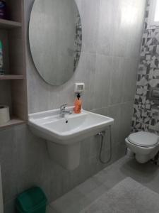 ein Badezimmer mit einem Waschbecken, einem WC und einem Spiegel in der Unterkunft Ben arous one in Ben Arous