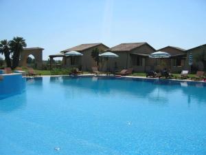 une grande piscine bleue avec des chaises et des parasols dans l'établissement Borghetto Beach Club Resort, à Capo Rizzuto
