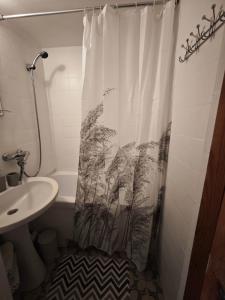 a bathroom with a shower curtain with a sink at Mini Kotedžas Vakaris in Nida