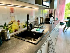 uma cozinha com um lavatório e uma bancada em Ulinia Zacisze Dom Superior 90m2 em Ulinia