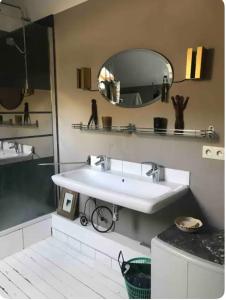 een badkamer met een wastafel en een spiegel bij Grande chambre 3 couchages in Parmain