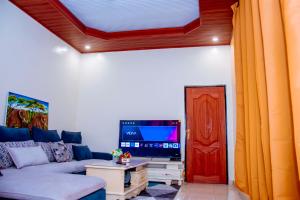 Il comprend un salon doté d'un canapé et d'une télévision à écran plat. dans l'établissement Spacious apartment Kigali, à Kigali