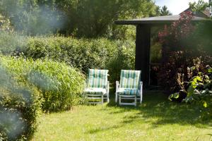 SeehofにあるBungalow mit Wintergartenの庭の芝生に座る椅子2脚
