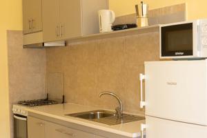 a kitchen with a sink and a white refrigerator at Beauty Plaza Apartaments in Santa Maria