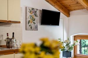 cocina con TV colgada en la pared en Agriturismo Colombare Teboi Trilo, en Lazise