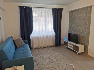 a living room with a blue couch and a television at Serene Home in Mediaş