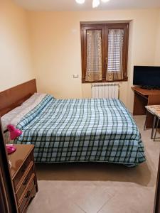 Schlafzimmer mit einem Bett, einem Schreibtisch und einem TV in der Unterkunft Cappuccini Guest House in San Giovanni in Fiore