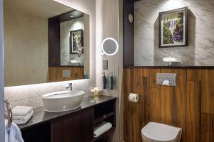坦普尔帕特里克Doubletree by Hilton Belfast Templepatrick的带水槽、马桶和镜子的浴室