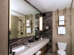 La salle de bains est pourvue d'un lavabo, de toilettes et d'un miroir. dans l'établissement Thompson Central Park New York, by Hyatt, à New York