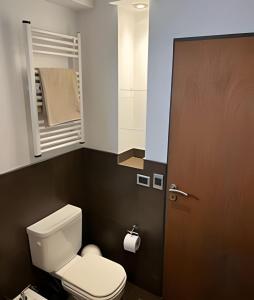 a bathroom with a white toilet and a brown door at Luxury Apartment Palermo Hollywood in Buenos Aires