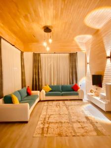 a living room with a couch and a tv at KARA KEDİ VİLLA'S in Kemer