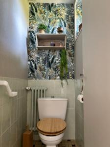 ein Badezimmer mit einem WC und einem Holzsitz in der Unterkunft Maison bord de Marais proche Plage du Débarquement in Auvers