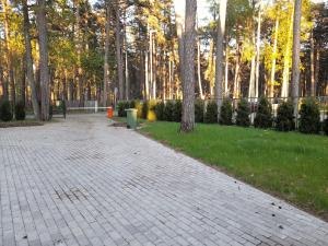 um caminho de tijolos num parque com árvores em Apartament Dzintari em Jūrmala