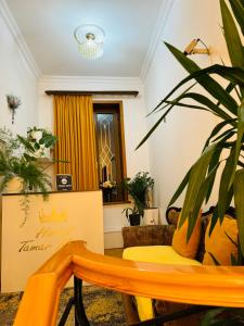 um quarto com uma mesa e um vaso de plantas em Hotel Tamar Mepe em Kutaisi