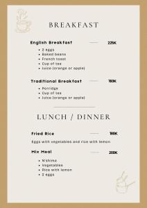 a menu for the lunch diner at Muke Village Guest House in Livingstone