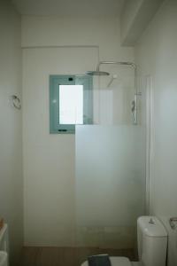 ein Bad mit einer Glasdusche und einem WC in der Unterkunft Aloe Comfort House by KHI in Kythnos