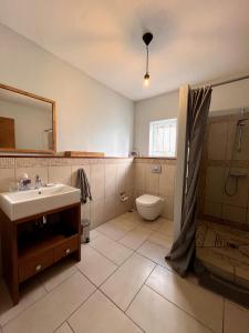 Appartement 2 chambres avec Jardin privé sur la côte Nord في Calodyne: حمام مع حوض ومرحاض ومرآة