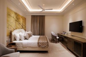 Habitación de hotel con cama y TV de pantalla plana. en Hotel Maharaja Palazzo en Ludhiana