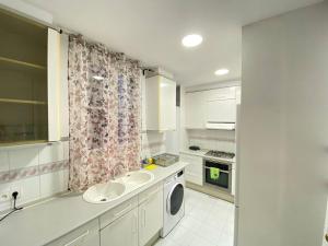 eine Küche mit 2 Waschbecken und einer Waschmaschine in der Unterkunft Flor Habitaciones in Barcelona