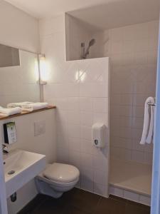 La salle de bains est pourvue de toilettes, d'un lavabo et d'une douche. dans l'établissement Kyriad Carcassonne - Aéroport, à Carcassonne