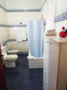 y baño con aseo y cortina de ducha. en Casa mirela apartment, en Cassibile