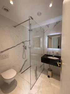 een badkamer met een douche, een toilet en een wastafel bij Scuol Palace Bed & Breakfast in Scuol