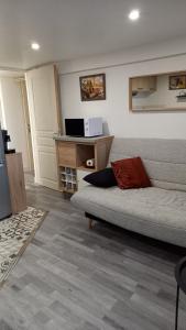 a living room with a couch and a kitchen at Appartement individuel en maison in Beaumont-sur-Oise