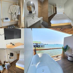 un collage de trois photos d'une salle de bains avec lavabo dans l'établissement De Ocean Land เดอ โอเชี่ยนแลนด์ เกาะล้าน Maldives, à Ko Larn