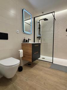 Un baño con inodoro, lavabo y ducha. en Pink House, en Monção 8 fotos más